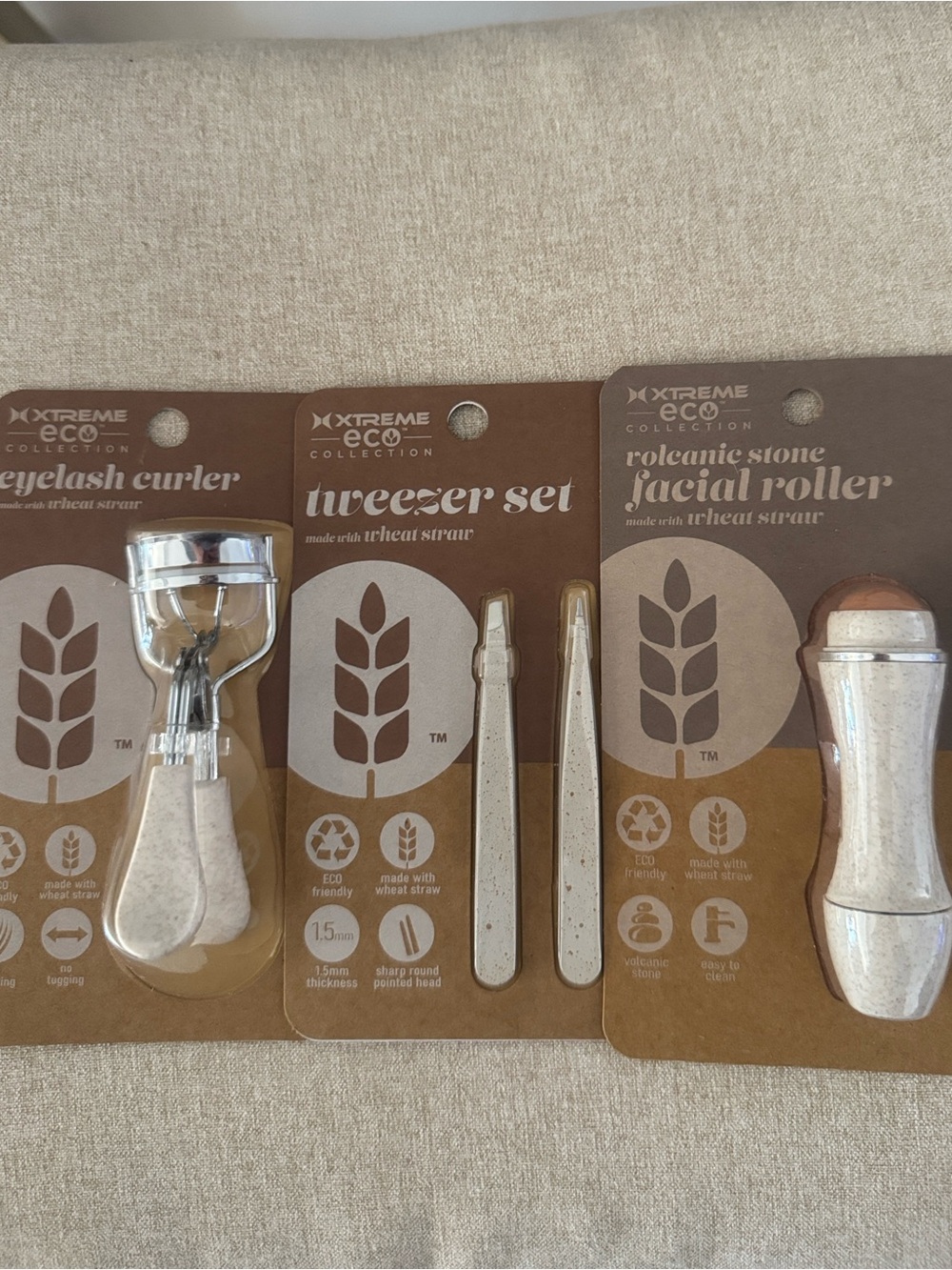 NEW ECO Natural Beige Facial Roller, Tweezer Set & Eyelash Curler Bundle